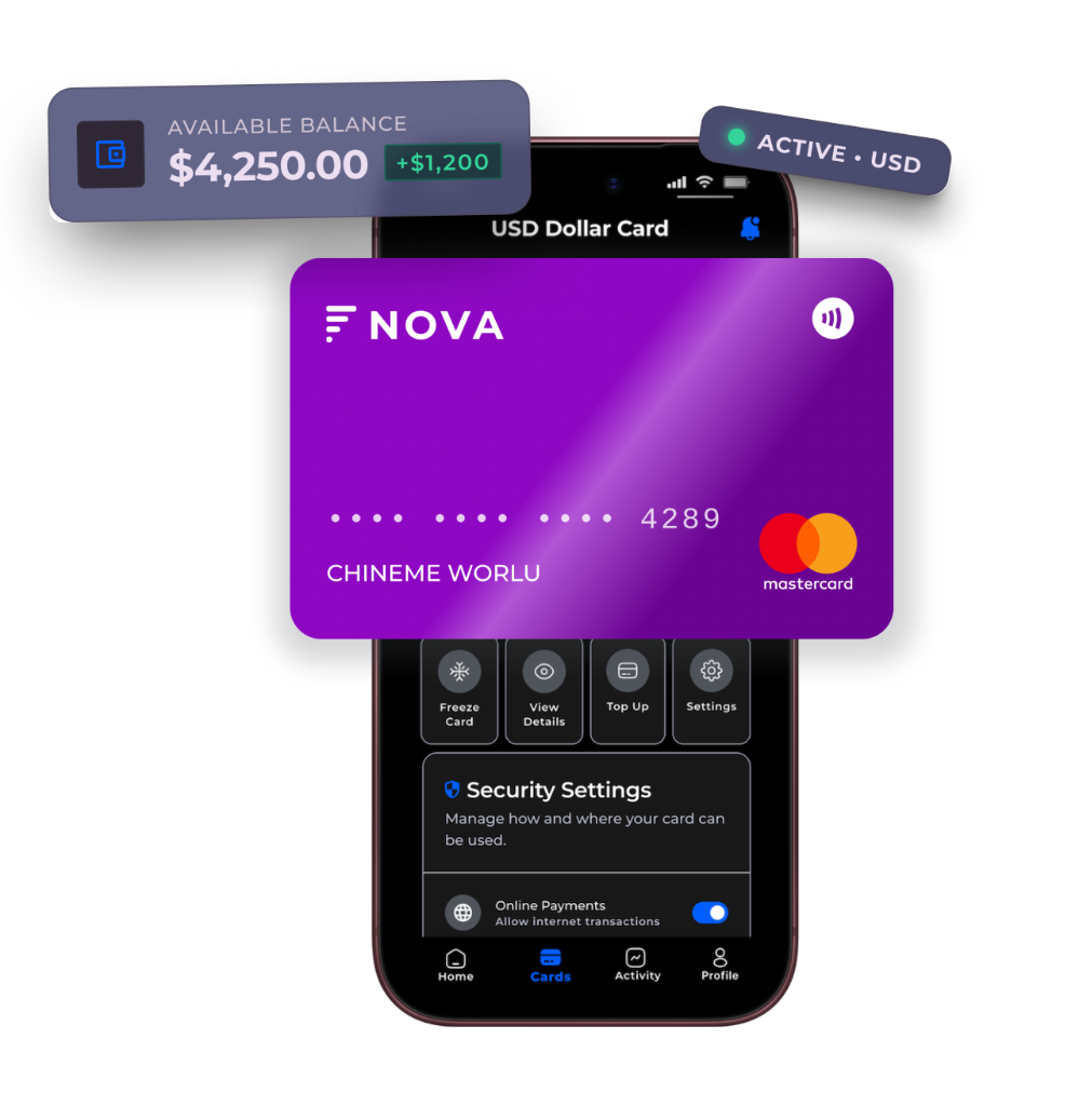 NOVA USD Dollar Card and Mobile App Interface